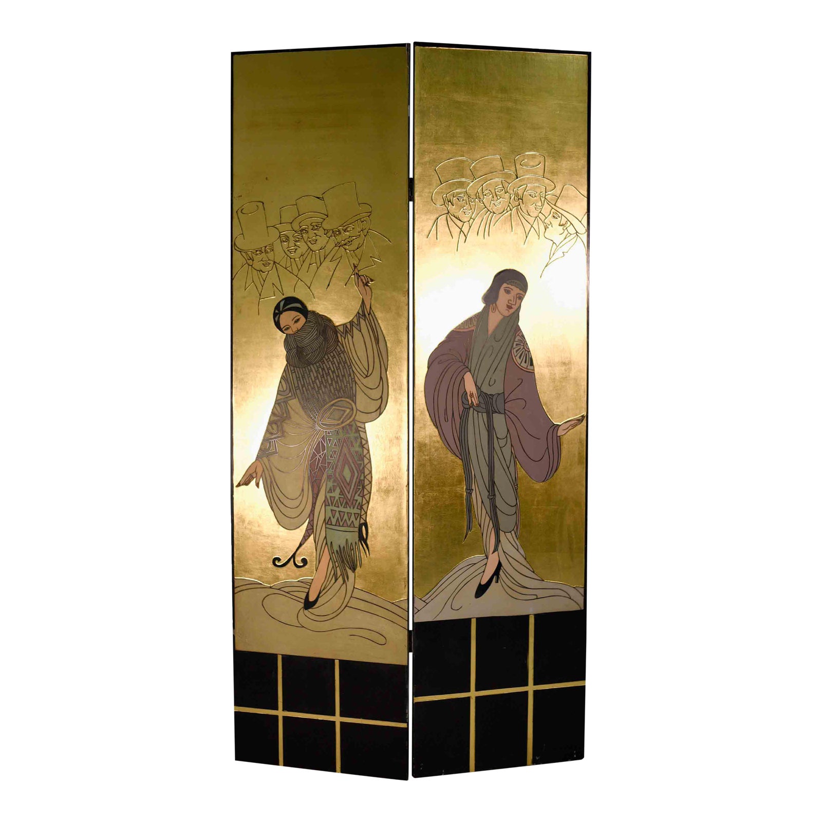 Vintage Art Deco Gold Leaf BiFold Screen Room Divider Style of Erté