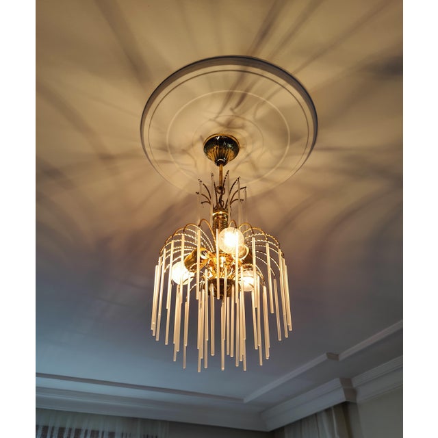 Brass Vintage Brass Chandelier Milk Glass Rods Ceiling Light For Sale - Image 8 of 14