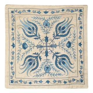 20"x21" Embroidered Pillow Cover. Blue Accent Pillow. All Silk Cushion Cover For Sale