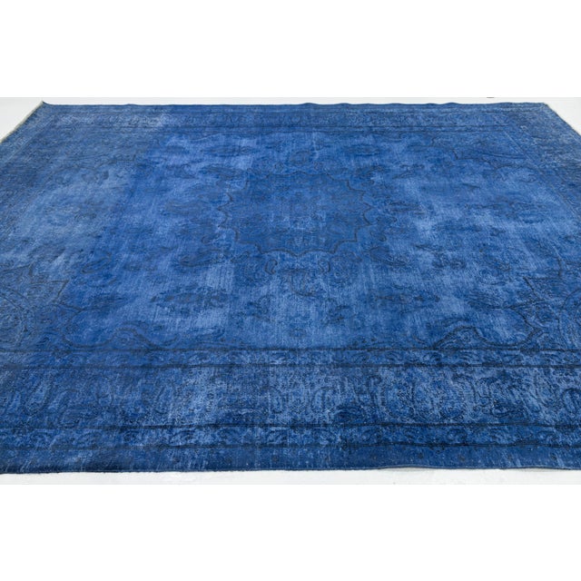 Persian 10x13 Vintage Overdyed Persian Wool Rug - Electric Blue Medallion Hand-Knotted For Sale - Image 3 of 10