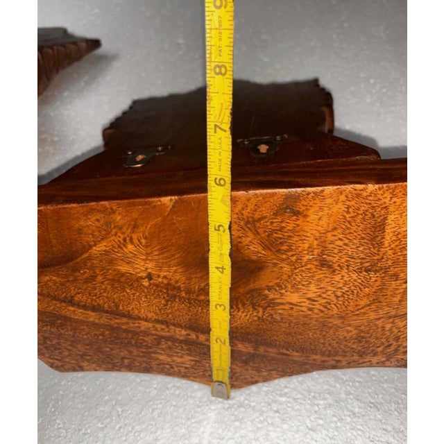 Pair of Vintage Mid-Century Hand-Carved Wooden Wall Shelves Features an Ornate, Deeply Detailed Scalloped Shell Design With a Rich, Warm Wood Finish. For Sale - Image 12 of 15
