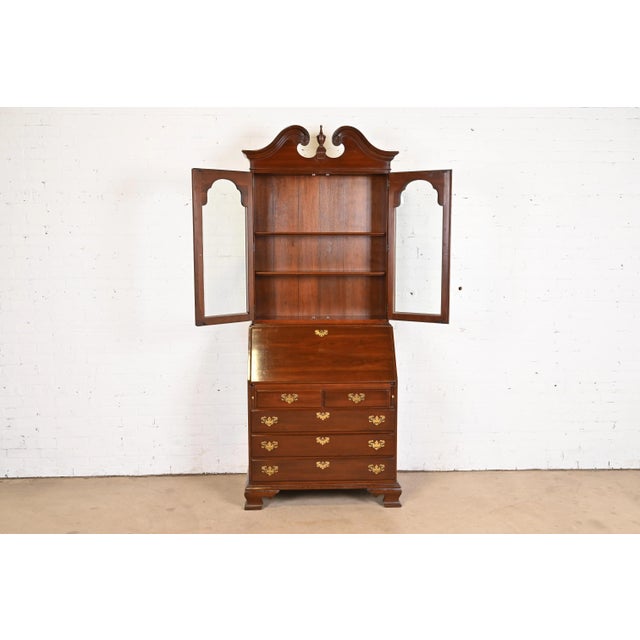 Ethan Allen Georgian Cherry Wood Drop Front Secretary Desk With Bookcase Hutch For Sale - Image 11 of 12