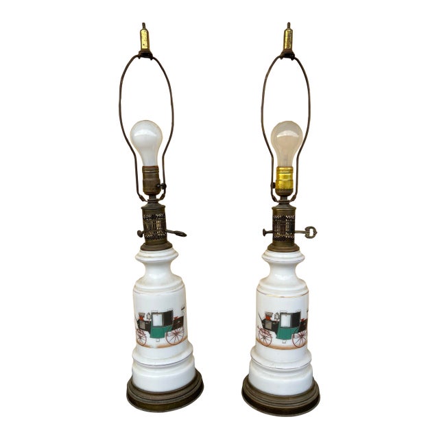 Mid 20th Century Mid Century White Ceramic Lamps With Antique Green Coupe Muel 120 Car For Sale