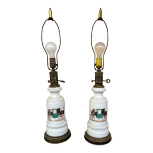 Mid 20th Century Mid Century White Ceramic Lamps With Antique Green Coupe Muel 120 Car