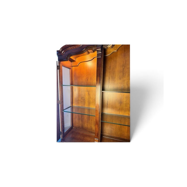 Vintage Henredon Dutch Louis XV Oak and Burl Wood Lighted Breakfront Cabinet For Sale - Image 9 of 12