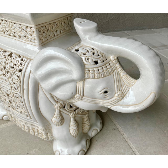 Circa 1970 Fabulous Linen-Hued Earthenware Elephant Garden Stool / Plant Stand For Sale - Image 17 of 18