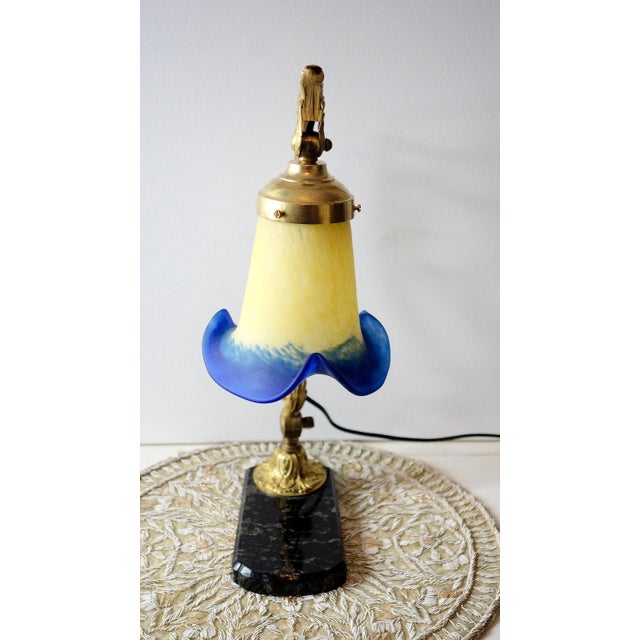 Antique Brass and Marble Pate De Verre Table Lamp, France, 1920s For Sale - Image 4 of 11