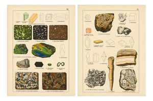 Antique Mineralogy Chromolithographs of Granite, Calcite and Fossil, 1888, Set of 2