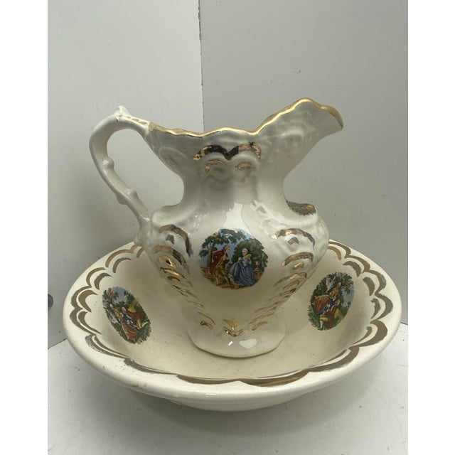 Ceramic Vintage Victorian Style Ceramic Pitcher & Wash Basin Set – Courting Couple Motif, Gold Gilt For Sale - Image 7 of 11