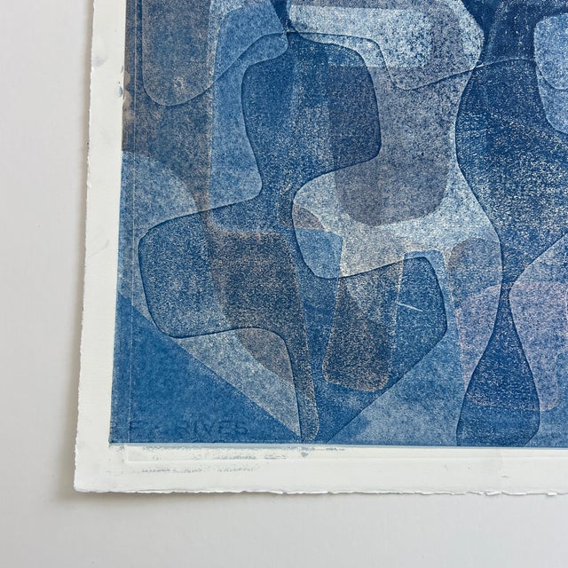 Original Signed Blue Abstract Layered Monotype Artwork, Unframed For Sale - Image 4 of 6