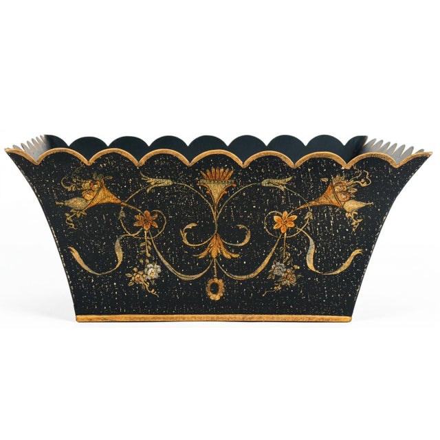 Elegant vintage black metal tole planters with gold accent. This tall plant stand features scalloped edges, classic swags...