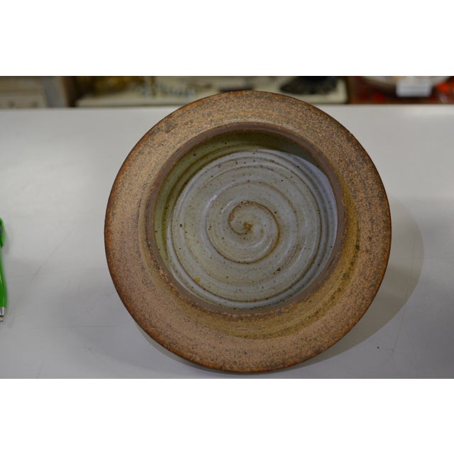 Studio Art Pottery Large Brown/Tan Cannister Container With Carved Face / Handles & Lid For Sale - Image 9 of 14