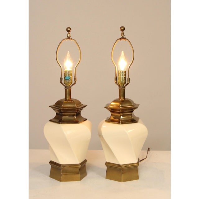 1980s Stiffel Brass and Ceramic Pair of Vintage Hexagonal Table Lamps For Sale - Image 5 of 12