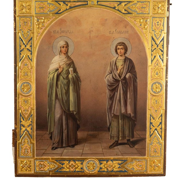 Antique 19th Century Russian Icon Egg Tempera Gilded St. Pelagia St. James For Sale In Portland, OR - Image 6 of 12