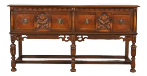 Berkey & Gay Antique English Jacobean Ornate Carved Walnut and Burl Wood Sideboard, Circa 1920s