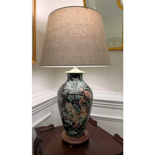 Vintage Chinoiserie Leopard & Botanical Ceramic Table Lamp For Sale - Image 4 of 9