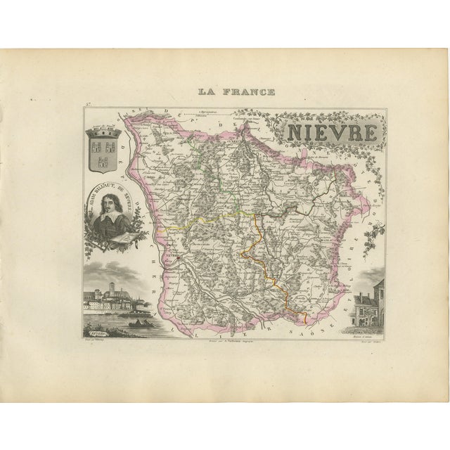 Antique Map of Nièvre by Vuillemin, France, 1850 For Sale