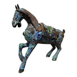 Antique Chinese Cloisonné Prancing Horse Sculpture | Large Republic Period Bronze & Enamel Figurine | Turquoise Scrollwork | 18" Asian Art For Sale
