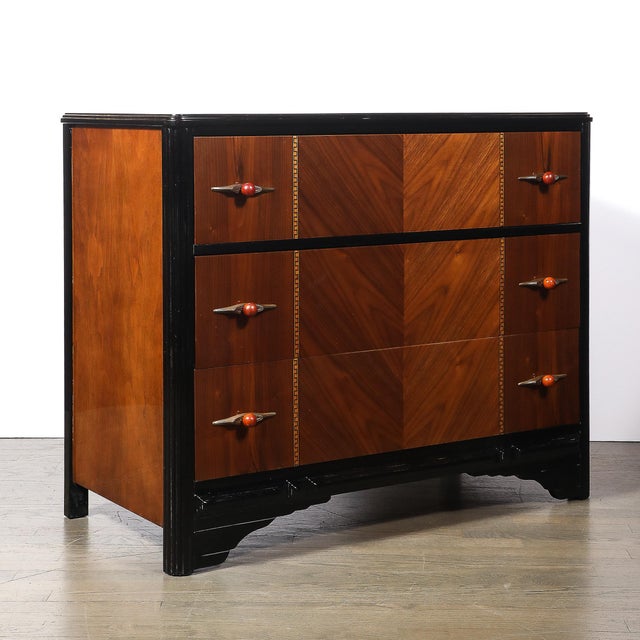 Art Deco Book-Matched Walnut & Black Lacquer Detailed Chest W/ Bakelite Pulls For Sale - Image 15 of 18