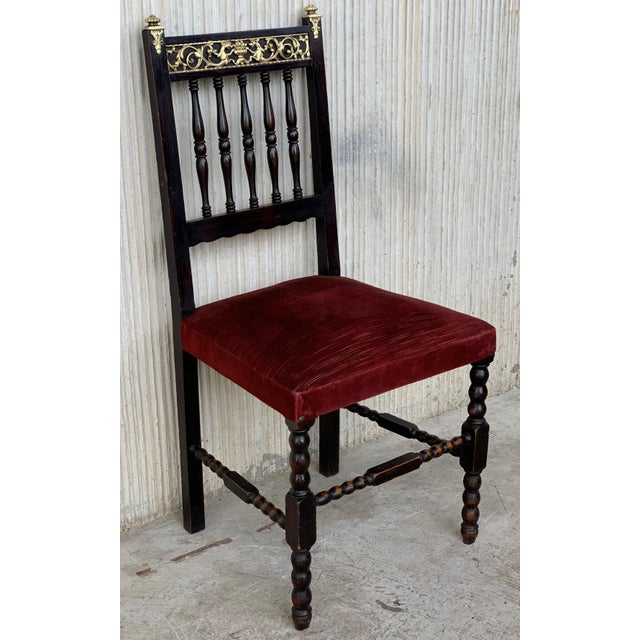 19th Set of Six Spanish Chairs With Bronze Details and Red Velvet Upholstery For Sale - Image 9 of 11