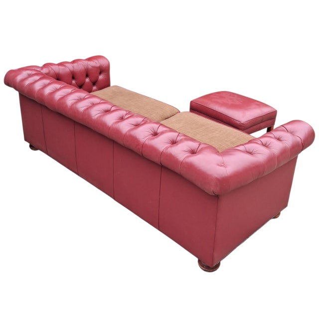 Vintage-Inspired 3-Piece Leather Living Room Set With a Tufted Chesterfield Sofa, a Classic Wingback Armchair & Rectangular Ottoman. For Sale In Raleigh - Image 6 of 12