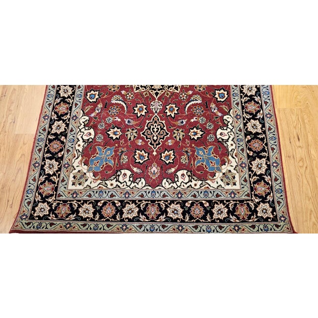 Vintage Persian Tabriz Area Rug, Hand-Knotted Wool & Silk, Floral Pattern, Pomegranate-Red & Navy, 3x5 For Sale - Image 17 of 18