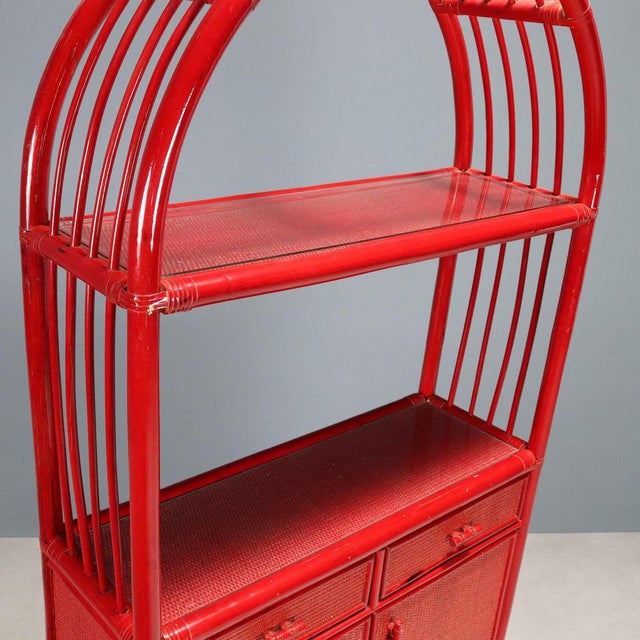 Vintage Bookcase in Red Bamboo and Glass, 1980s For Sale - Image 6 of 10