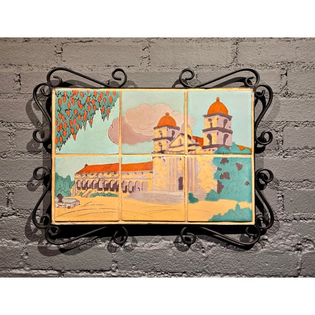 Spanish Revival Taylor Tilery –Mission Santa Barbara,1930s Spanish Revival Hand-Painted Tile Panel in Iron Frame For Sale - Image 3 of 12