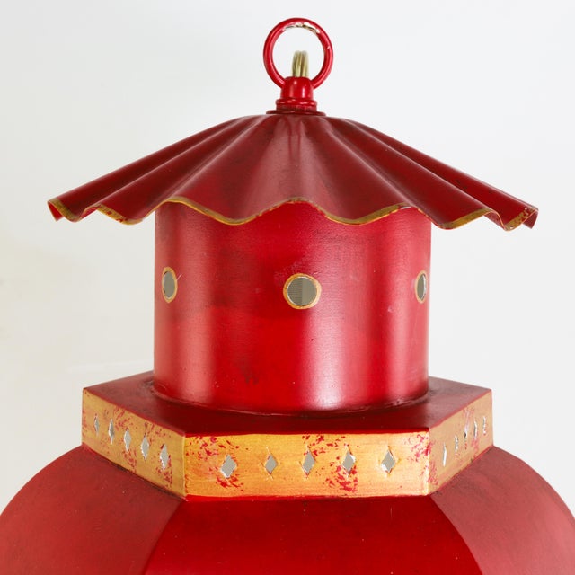 Early 21st Century Vintage Chinoiserie Red Tole Hanging Lantern Chandelier With Brass Bells For Sale - Image 5 of 14