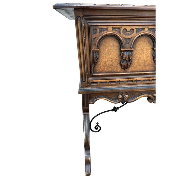 Brown Antique Berkey & Gay Grand Rapids 72” ‘Span-Umbrian' Walnut, Burlwood and Polychrome Credenza or Buffet - Circa 1917 For Sale - Image 8 of 12