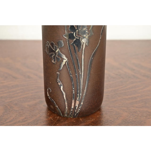 Metal Heintz Arts & Crafts Sterling Silver on Bronze Vase With Floral Decoration For Sale - Image 7 of 12
