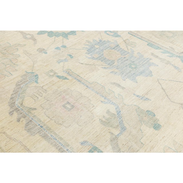 Modern Oushak Style Hand-Knotted Wool Area Rug in Neutral Beige & Soft Teal For Sale - Image 11 of 12