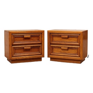 Pair of Boho Two Drawer Oak Nightstands For Sale