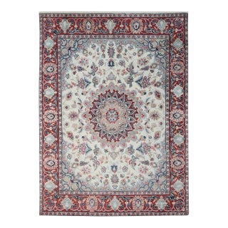 8x10 Ivory Hand-Knotted Wool Silk Rosette Centerpiece Traditional Carpet Rug For Sale