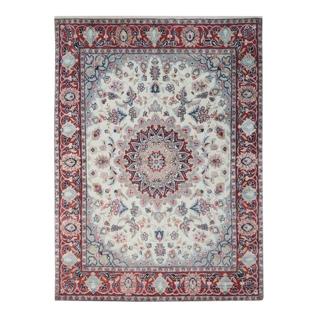 8x10 Ivory Hand-Knotted Wool Silk Rosette Centerpiece Traditional Carpet Rug For Sale