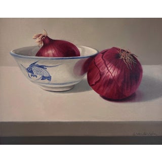 Two Red Onions by Sarah van der Helm | Oil on Panel Still life of two red onions and a bowl. For Sale