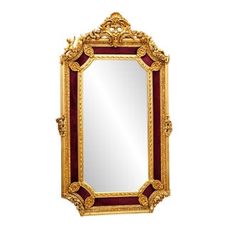 French Baroque Gold Leaf Wall Mirror – Burgundy Velvet Frame With Ornate Floral Details For Sale