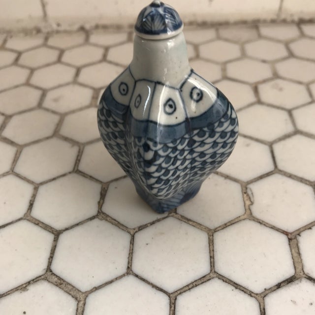 Blue Chinese Blue & White Porcelain Koi Fish Bottle For Sale - Image 8 of 11