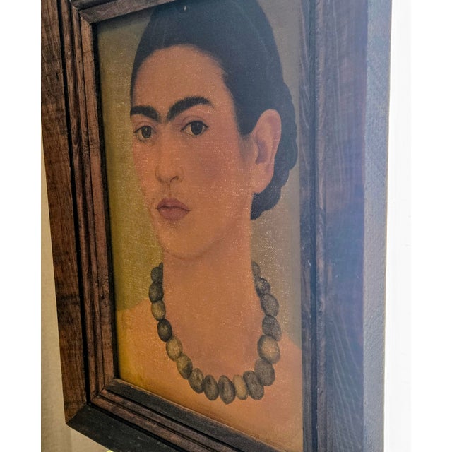 Mid 20th Century Mid-Century Turista Mexican Folk Art: Frida Kahlo "Self-Portrait With Necklace" (1933) Lithograph on Canvas - Rustic Pine Frame For Sale - Image 5 of 11