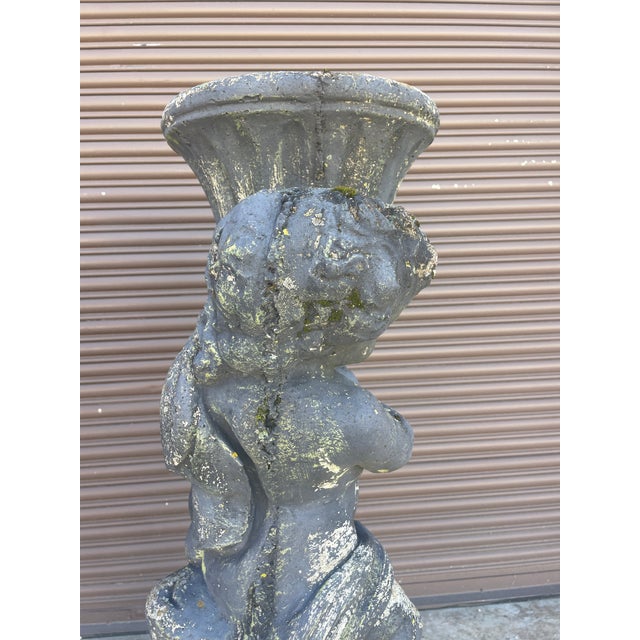 1940s 1940s Pair of Grand 39" Tall Neoclassical Cast Stone Putti Figure Planters With Mossy Patina For Sale - Image 5 of 14