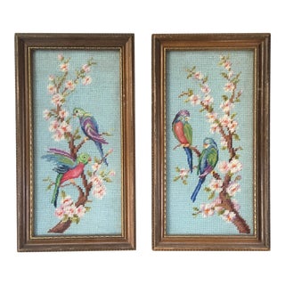 Blue Bird Motif Chinoiserie Needlepoints - a Pair For Sale