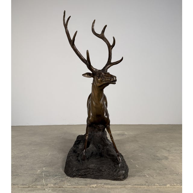 Metal Large Bronze Stag Sculpture – Leaping Deer on Log Base, 36” H Wildlife Art For Sale - Image 7 of 13