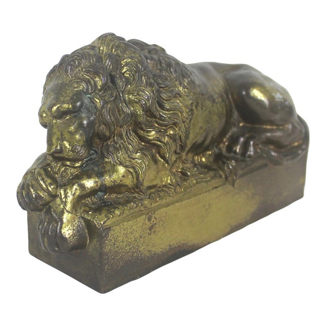 1950s Vintage Antonio Canova Sleeping Lion Sculpture Bookend Cast Brass For Sale