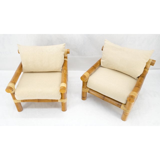 Beige Pair of Thick Bamboo Upholstered Lounge Chairs Mid Century Modern MINT For Sale - Image 8 of 13