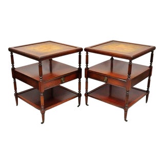 Mid 20th Century Vintage Georgian Style 3 Tier Leather Top Mahogany End Tables With Drawer - a Pair For Sale