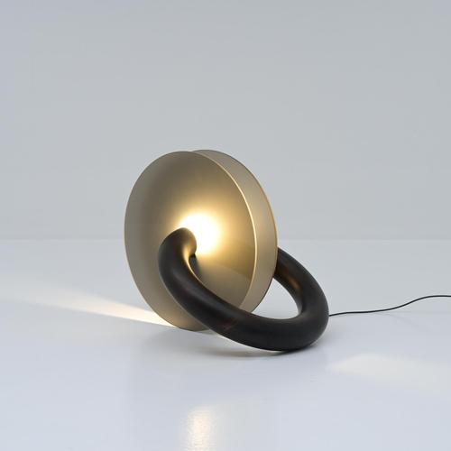 This remarkable floor or table lamp dates back to the 1970s. It consists of two bronzed glass discs with sandblasted...