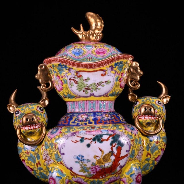 Chinese Yellow Ground Famille Rose Porcelain Zun Vase With Bull Handles For Sale In Los Angeles - Image 6 of 9