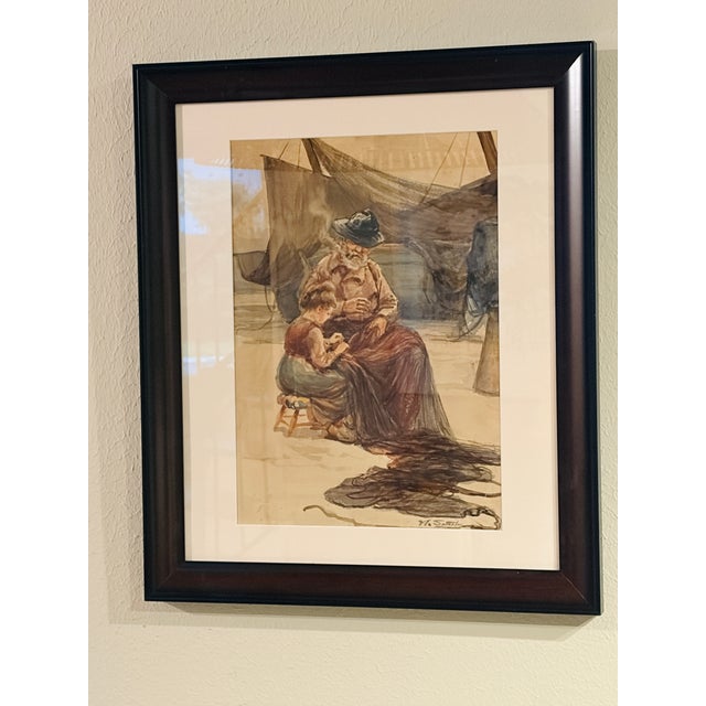 This beautiful original watercolor by Walter Satterlee depicts a fisherman seated beside a young girl, carefully mending...