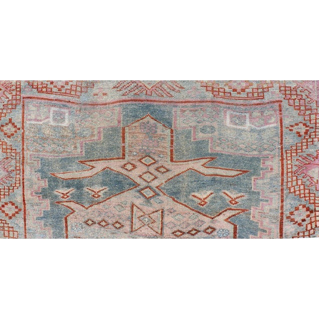 Textile Persian Kurdish Antique Rug With Tribal Design in Light Blue, Teal, Taupe & Red 4'6"x5'10" For Sale - Image 7 of 10