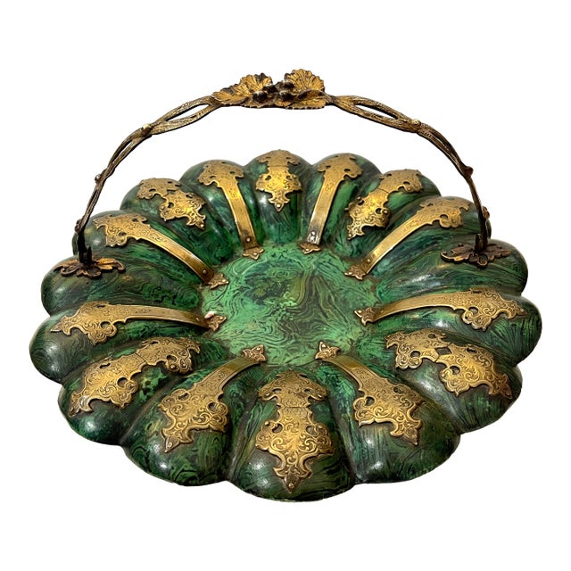 Papier Mache Basket, Faux Malachite & Brass by Alsager & Neville , c.1870 For Sale